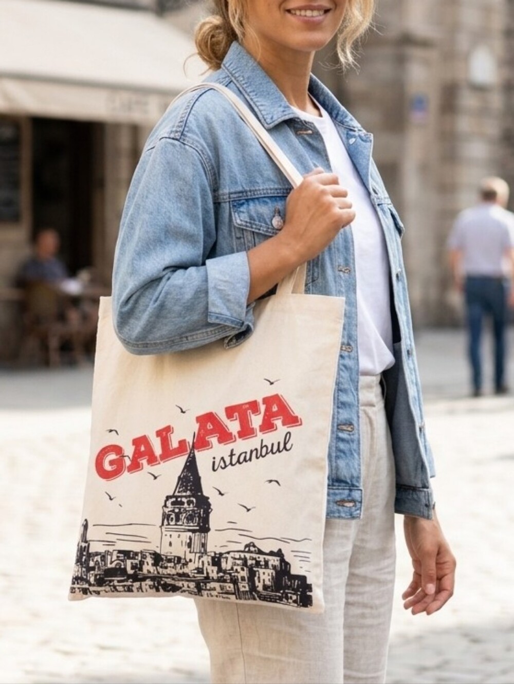 Galata Istanbul Canvas Tote Bag Graphic Souvenir Cream NWOT